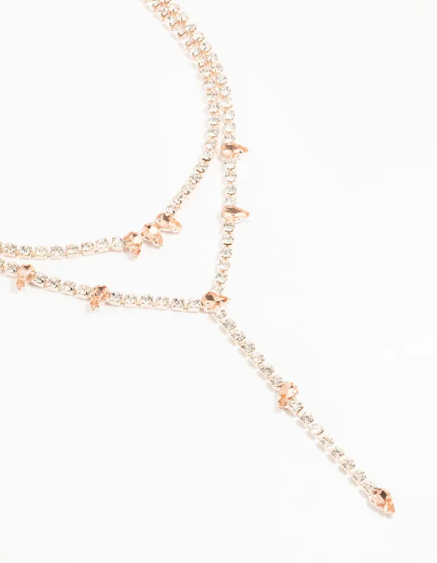Rose Gold Diamante Cupchain Layered Y-Necklace sold by lovisa