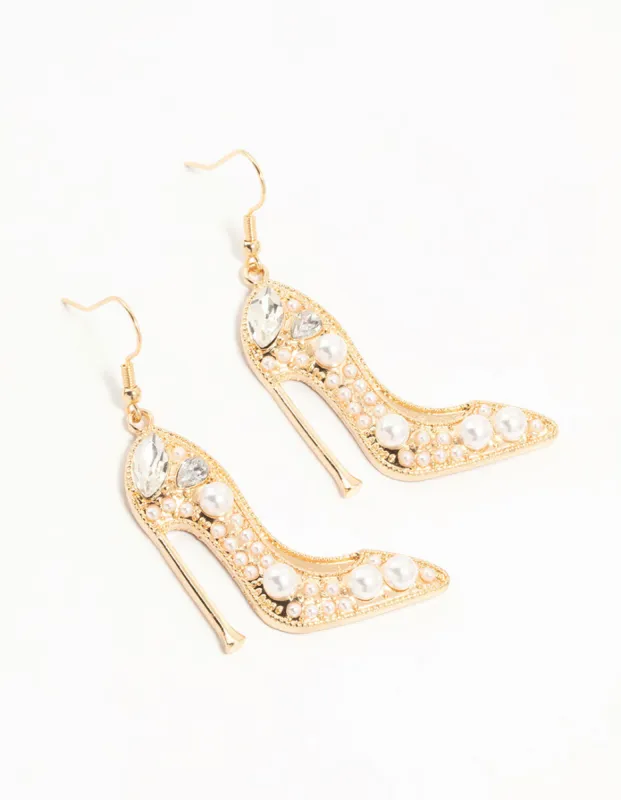 Gold Pearl Heels Drop Earrings sold by lovisa