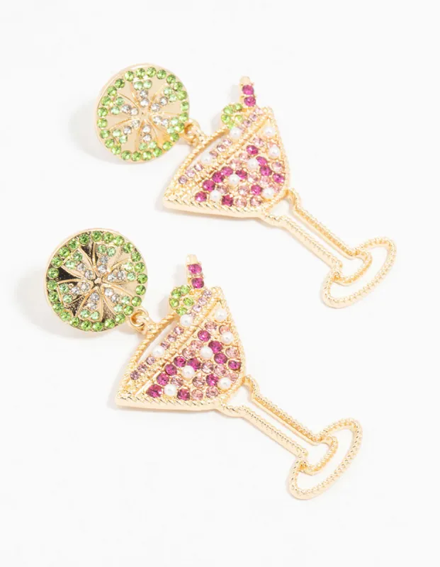 Gold Diamante Martini Cocktail Drop Earrings sold by lovisa