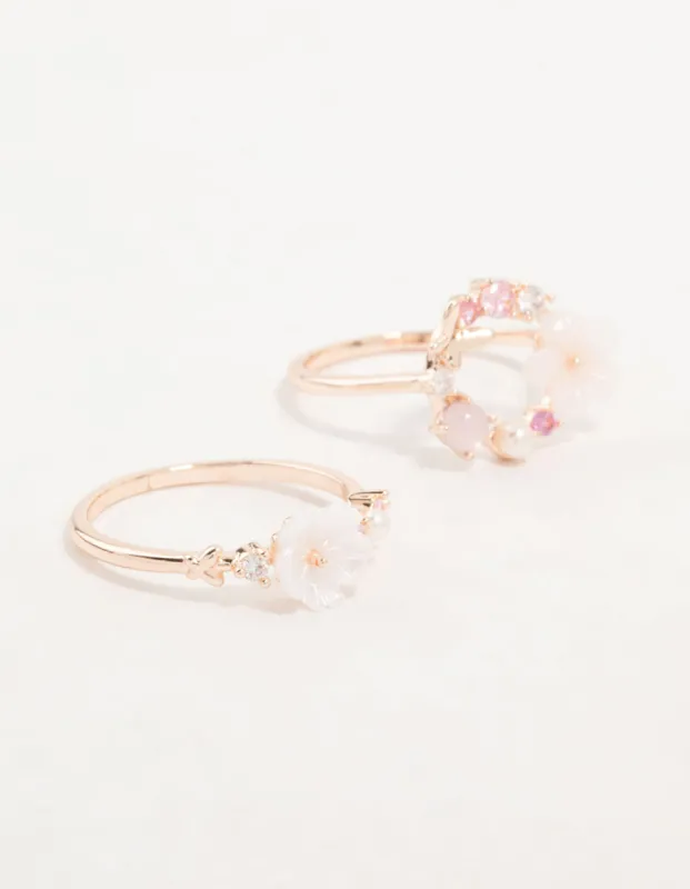 Rose Gold Flower & Circle Cubic Zirconia Rings 2-Pack sold by lovisa
