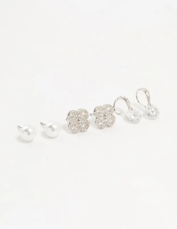 Silver Cubic Zirconia Flower & Pearl Earrings 3-Pack sold by lovisa