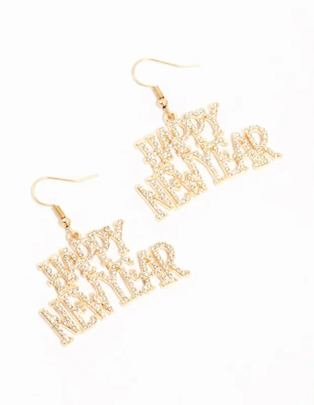 Gold Diamante Happy New Year Drop Earrings sold by lovisa