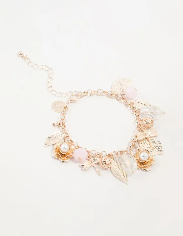 Rose Gold Dragonfly & Flower Charm Bracelet sold by lovisa