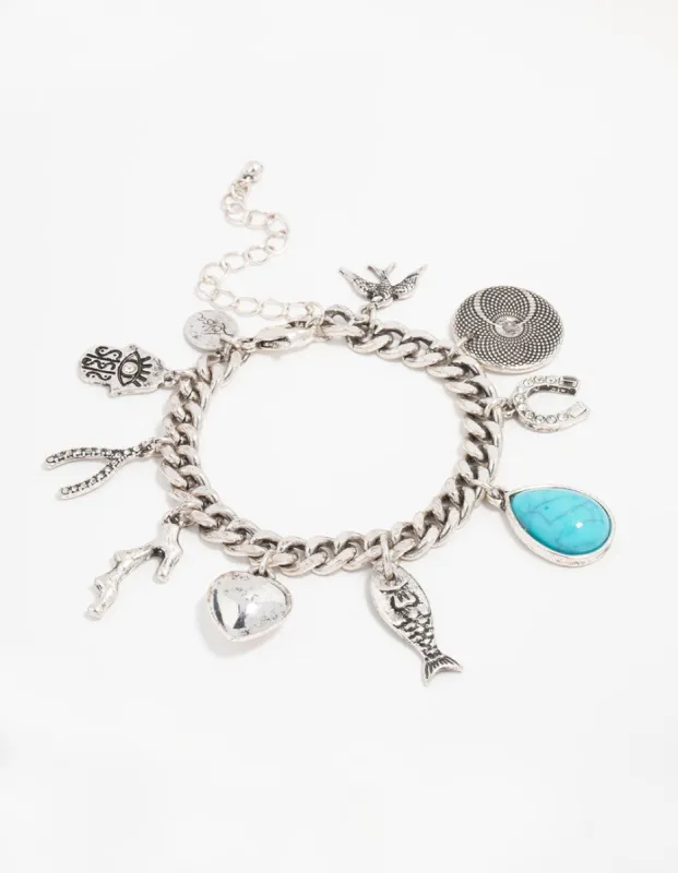 Antique Silver Turquoise & Horseshoe Charm Bracelet sold by lovisa