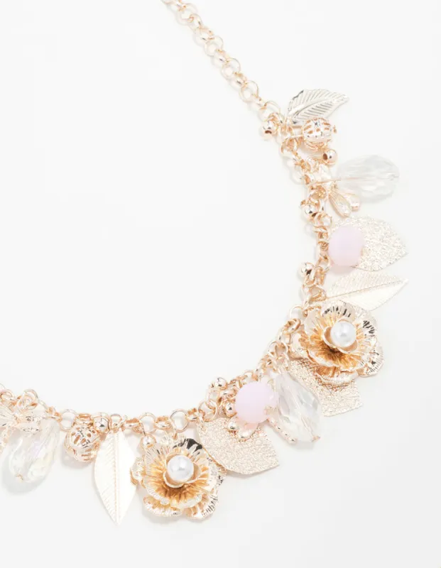 Rose Gold Flower & Leaf Charm Short Necklace sold by lovisa