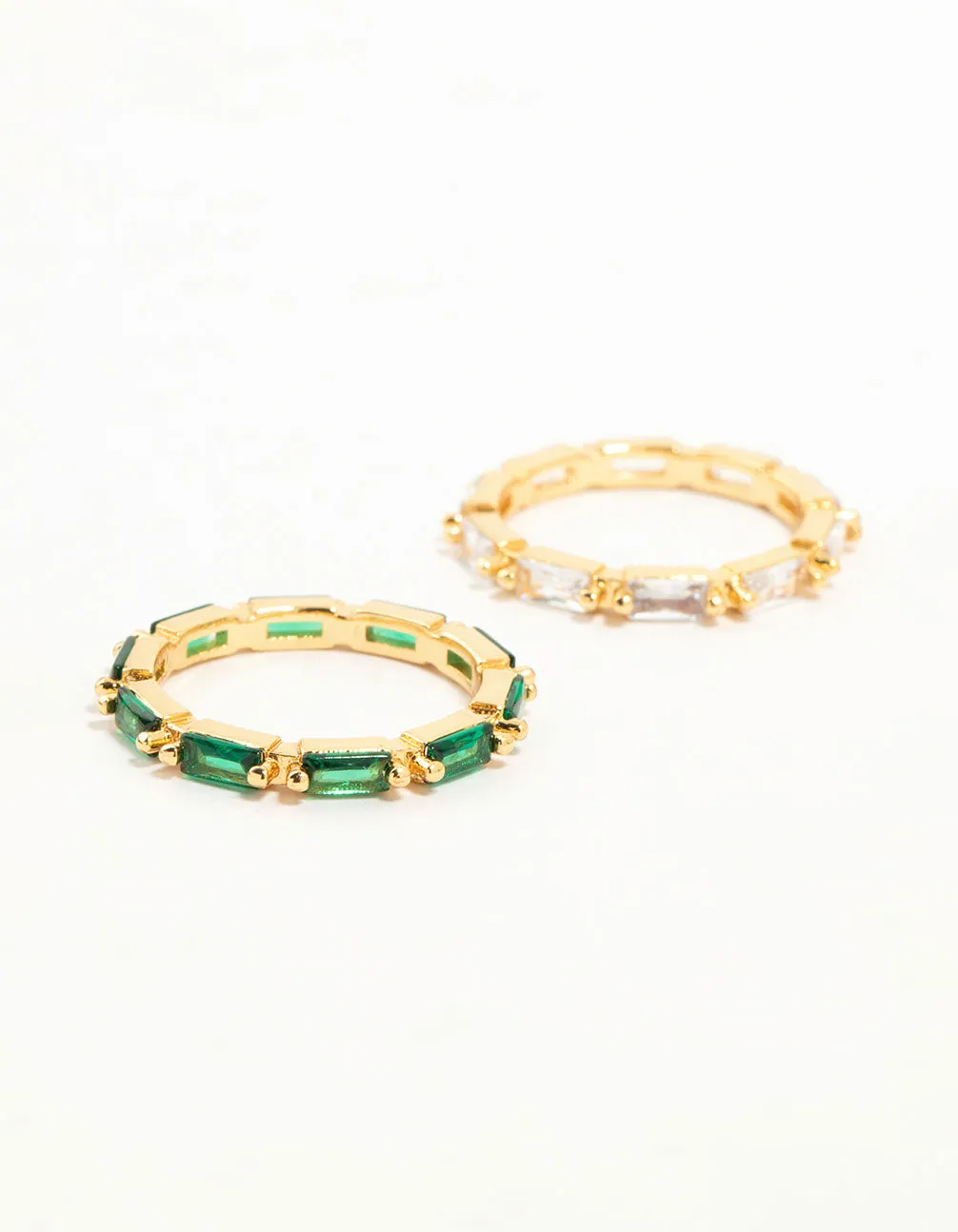 Gold Plated Green & Silver Baguette Stacking Rings 2-Pack sold by lovisa