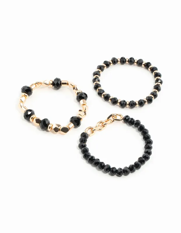 Gold & Black Faceted Bead Chain Stretch Bracelets 3-Pack sold by lovisa