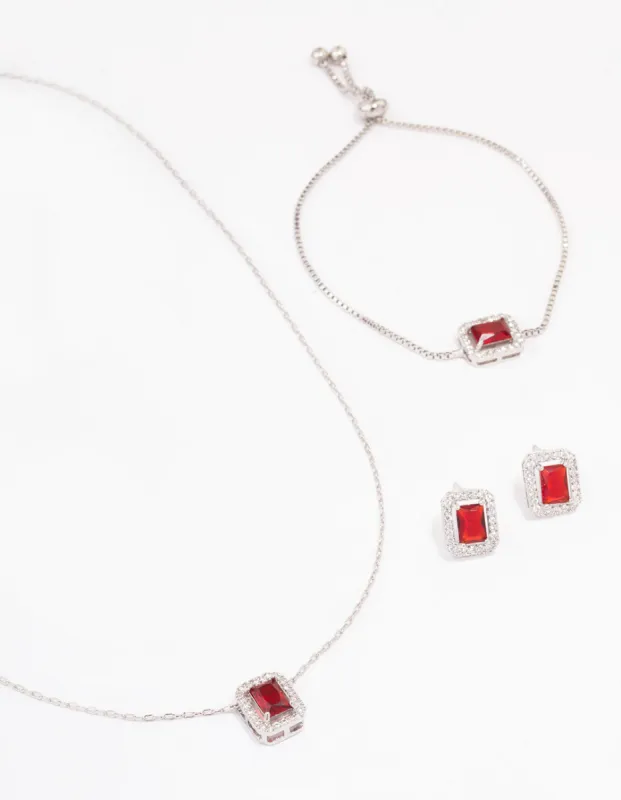 Rhodium Ruby Diamond Simulant Halo Jewellery Set sold by lovisa