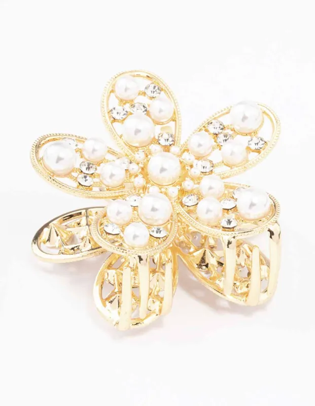 Gold Diamante Pearl Flower Hair Claw Clip sold by lovisa