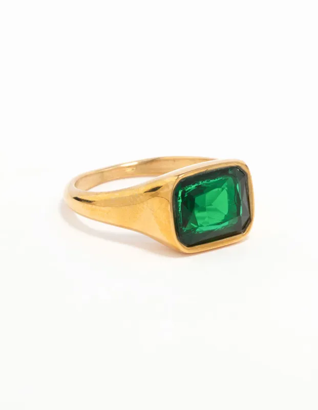 Waterproof Gold Plated Stainless Steel Opulent Green Cubic Zirconia Signet Ring sold by lovisa