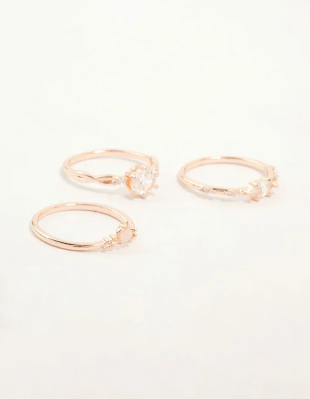 Rose Gold Plated Cubic Zirconia Stacking Rings 3-Pack sold by lovisa