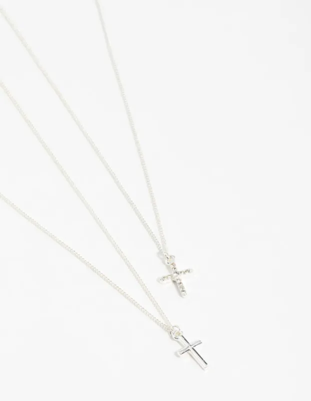 Silver Plain & Diamante Cross Pendant Necklaces 2-Pack sold by lovisa