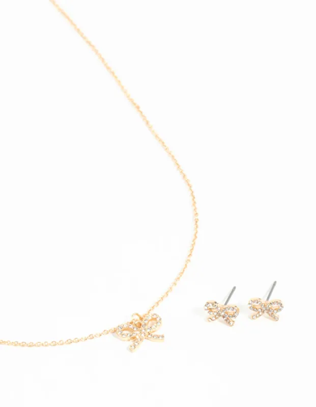 Gold Bow Diamante Necklace & Earrings Set sold by lovisa