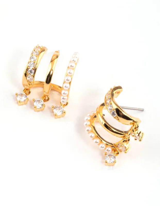 Gold Plated Trio Pearl Diamante Drop Earrings sold by lovisa