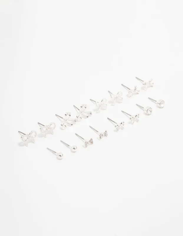Silver Diamante & Bow Stud Earrings 8-Pack sold by lovisa