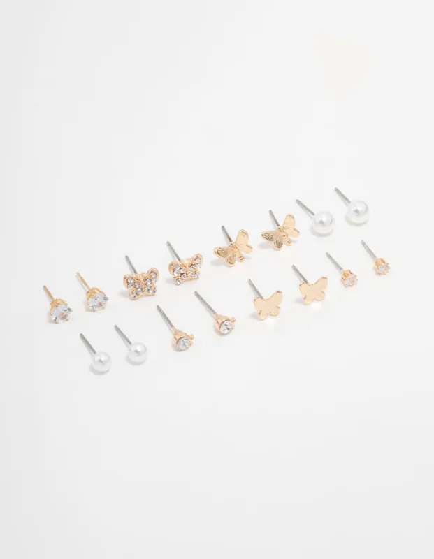 Gold Pearl, Diamante & Butterfly Stud Earrings 8-Pack sold by lovisa