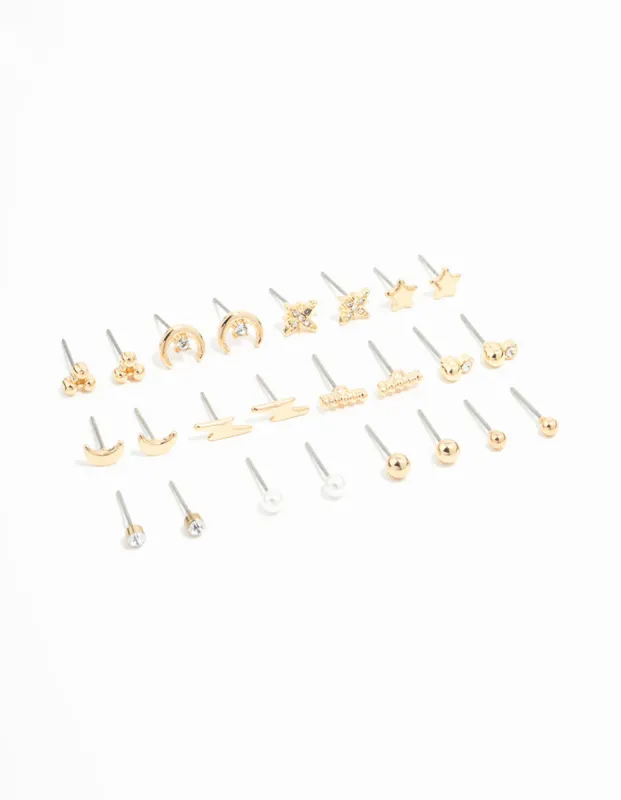 Gold Moon & Star Stud Earrings 12-Pack sold by lovisa