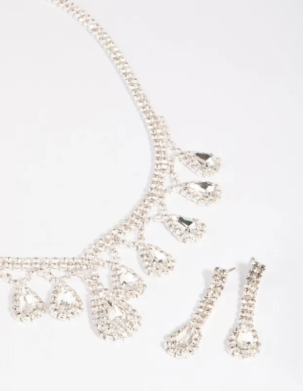 Silver Teardrop Diamante Statement Necklace & Earrings Set sold by lovisa