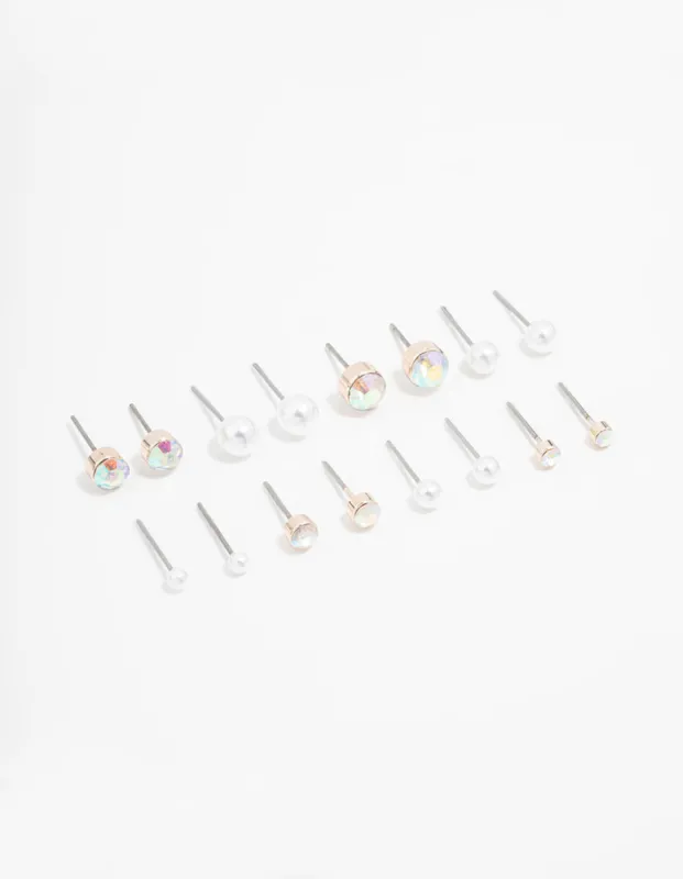 Rose Gold Round Pearl & Aurora Borealis Diamante Stud Earrings 8-Pack sold by lovisa