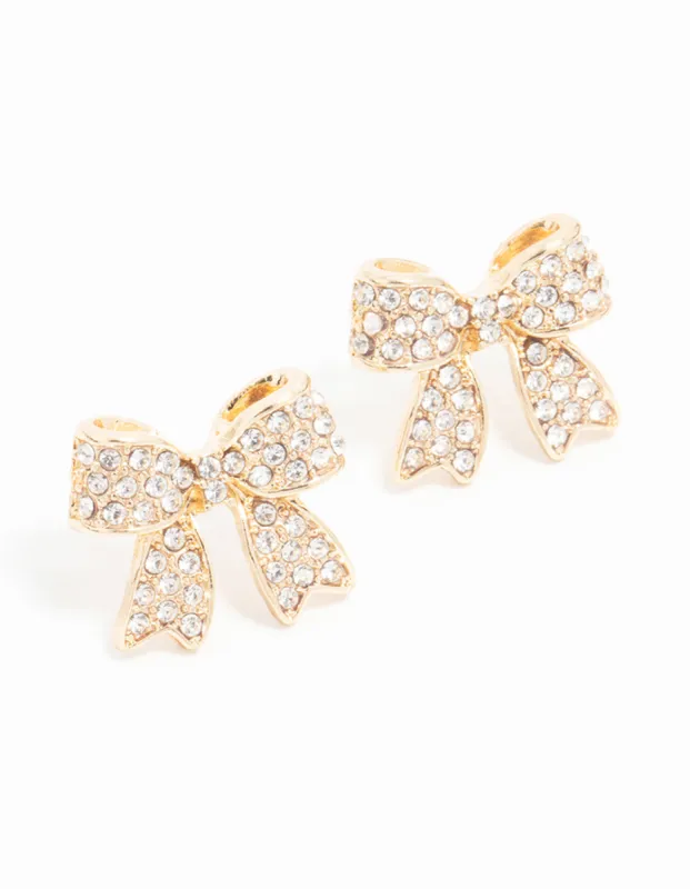 Gold Pave Set Diamante Bow Stud Earrings sold by lovisa