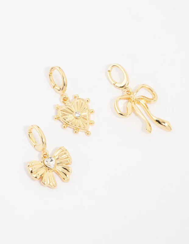 Gold Plated Bow & Heart Charms 3-Pack sold by lovisa