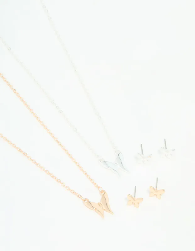 Mixed Metals Butterfly Necklace & Earrings Set sold by lovisa