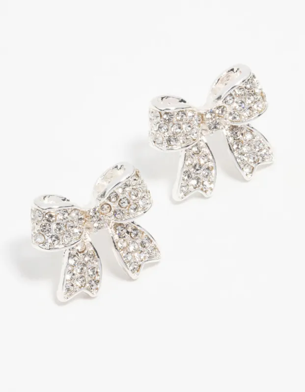 Silver Pavé Diamante Bow Stud Earrings sold by lovisa