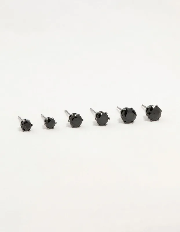 Silver Graduating Black Diamante Stud Earrings 3-Pack sold by lovisa