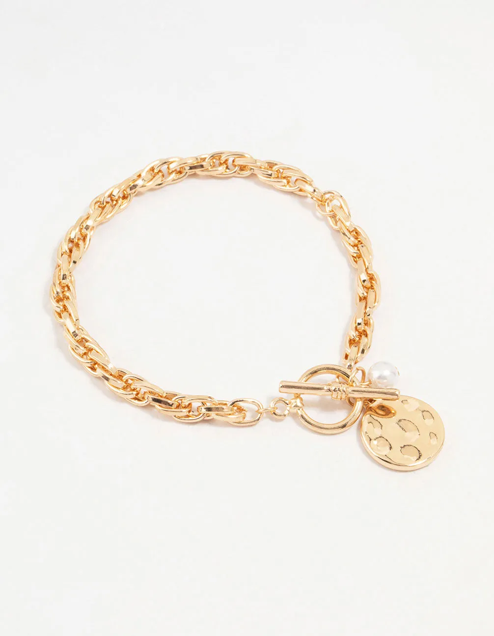 Gold Pearl & Disc Pendant Chain Bracelet sold by lovisa