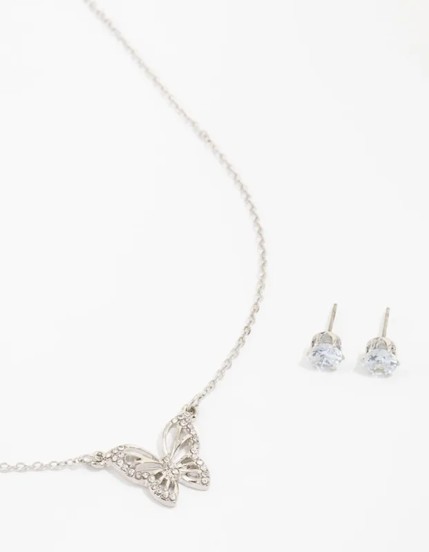 Silver Cubic Zirconia Butterfly Necklace & Stud Earrings Necklace & Stud Earrings Set sold by lovisa
