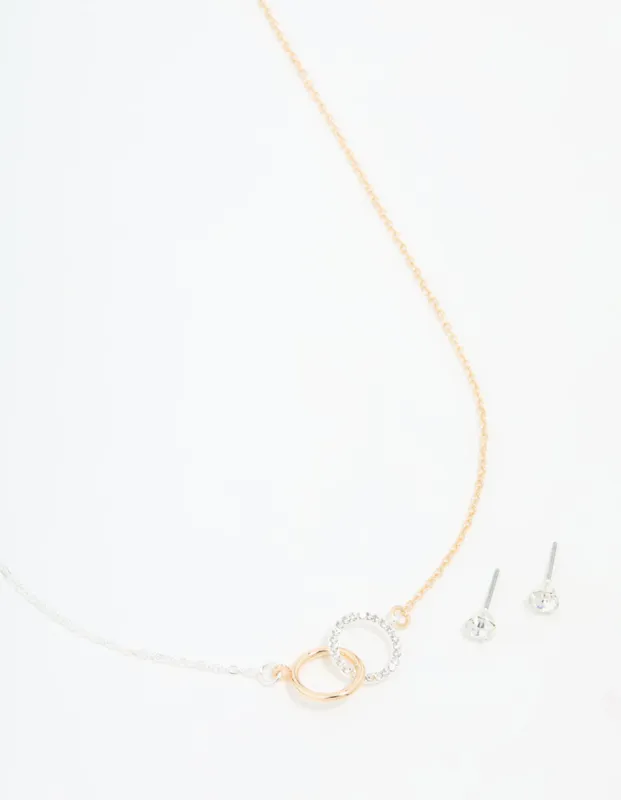 Mixed Metals Linked Circle Necklace & Stud Earrings Set sold by lovisa