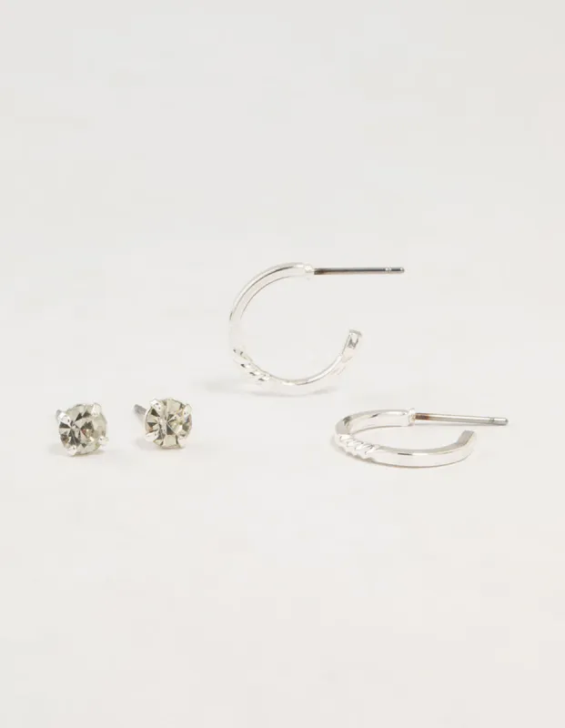 Silver Diamante Studs & Plain Hoop Earrings 2-Pack sold by lovisa