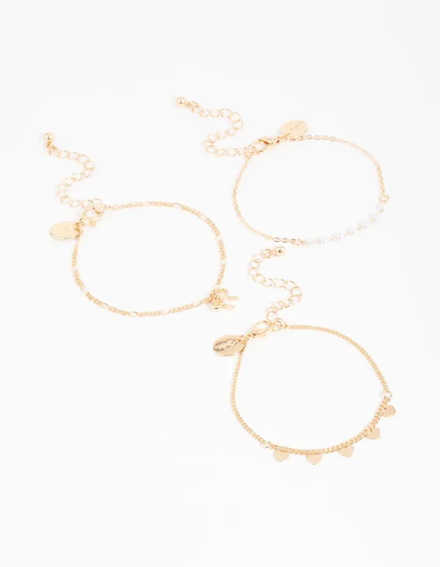 Gold Diamante Pearl Bow & Heart Bracelets 3-Pack sold by lovisa