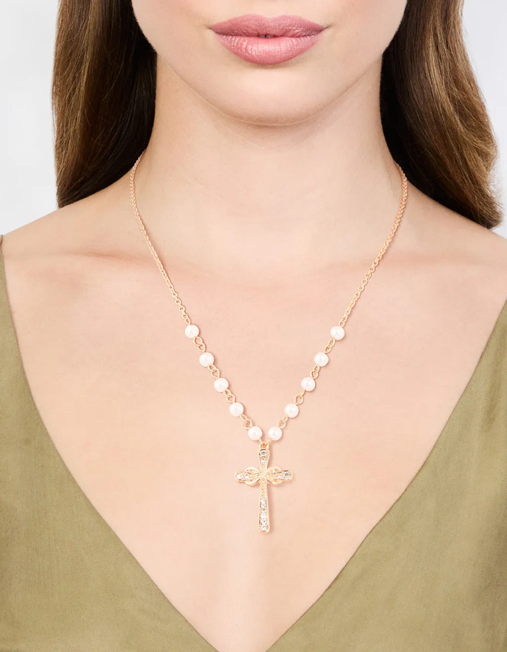 Gold Pearl Cross Diamante Pendant Necklace sold by lovisa product image thumbnail 2