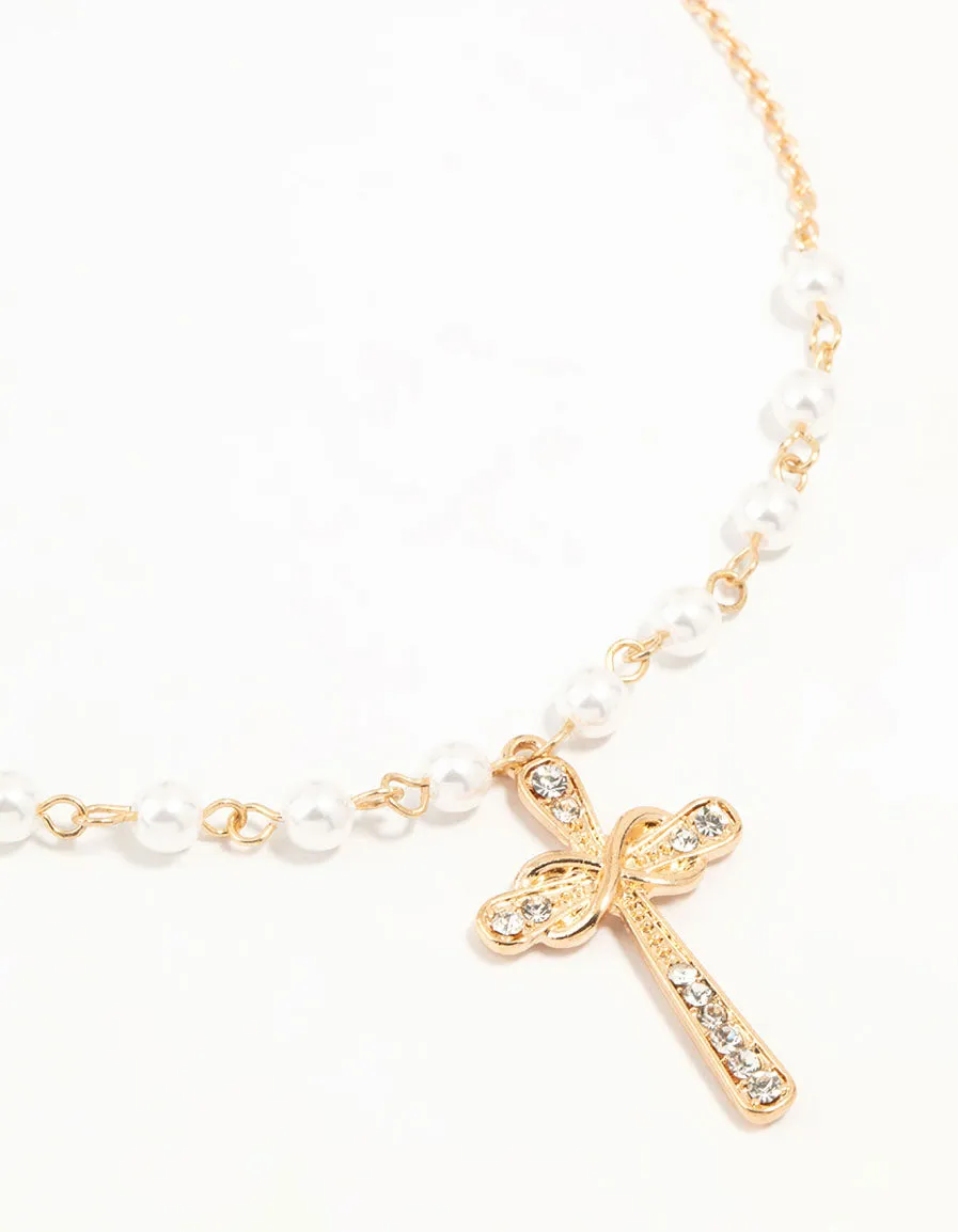 Gold Pearl Cross Diamante Pendant Necklace sold by lovisa