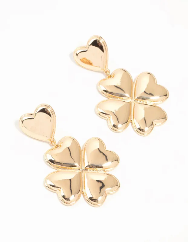 Gold Heart Clover Drop Earrings sold by lovisa