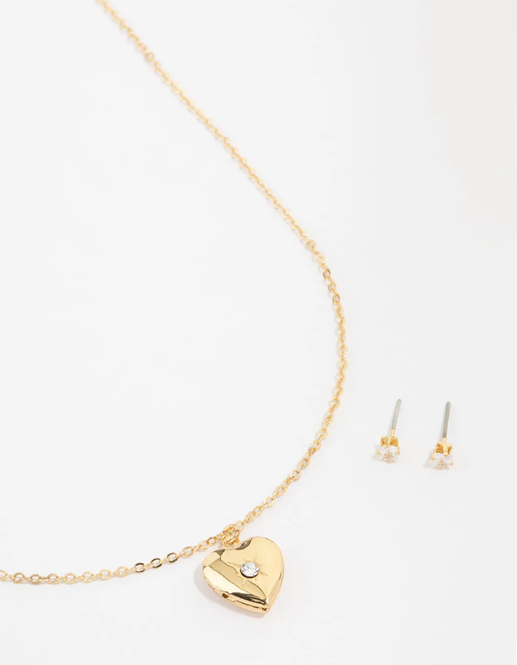 Gold Plated Cubic Zirconia Heart Locket Necklace & Stud Earrings Set sold by lovisa