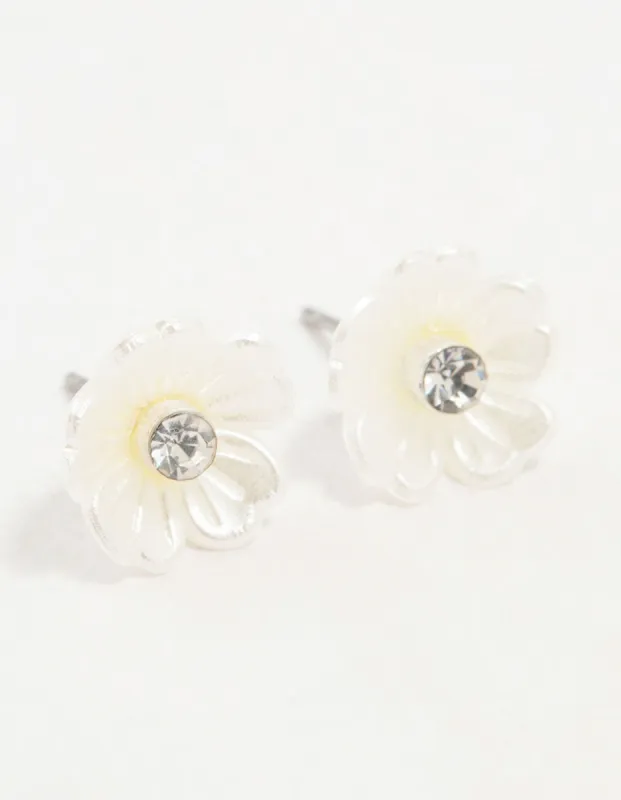 Silver White Flower Diamante Stud Earrings sold by lovisa