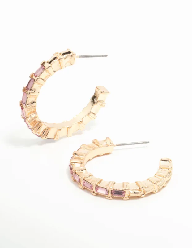Gold Pink Baguette Diamante Hoop Earrings sold by lovisa