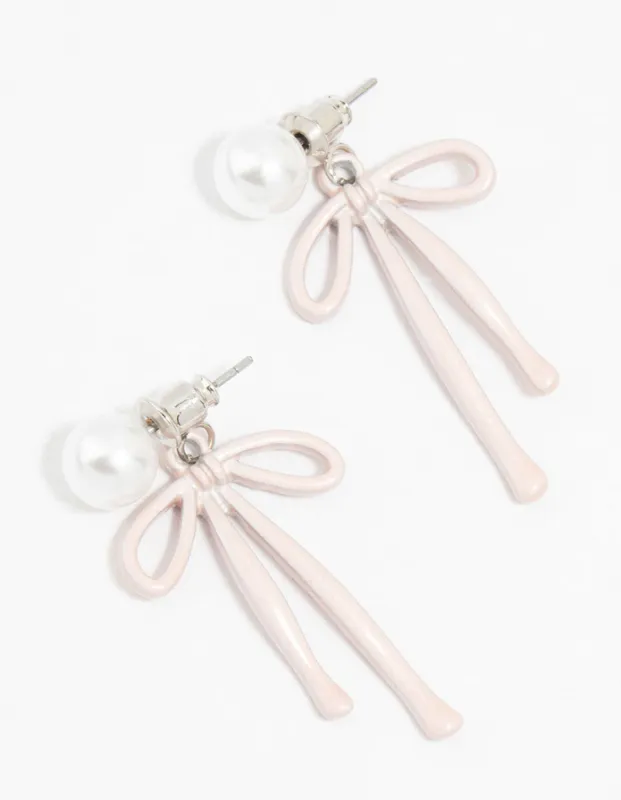 Pink Coated Metal Bow & Pearl Drop Earrings sold by lovisa