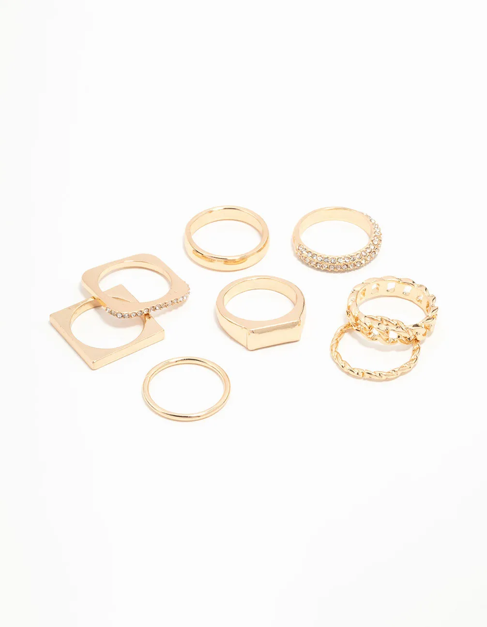 Gold Diamante Square Stacking Rings 8-Pack sold by lovisa