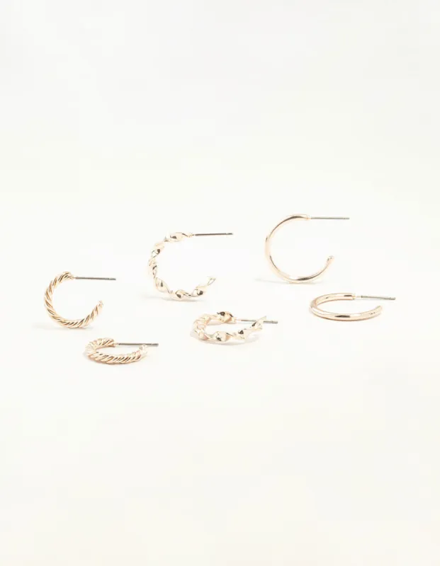 Rose Gold Twisted & Clean Hoop Earrings 3-Pack sold by lovisa