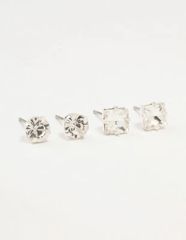 Silver Diamante Circle Square Stud Earrings 2-Pack sold by lovisa