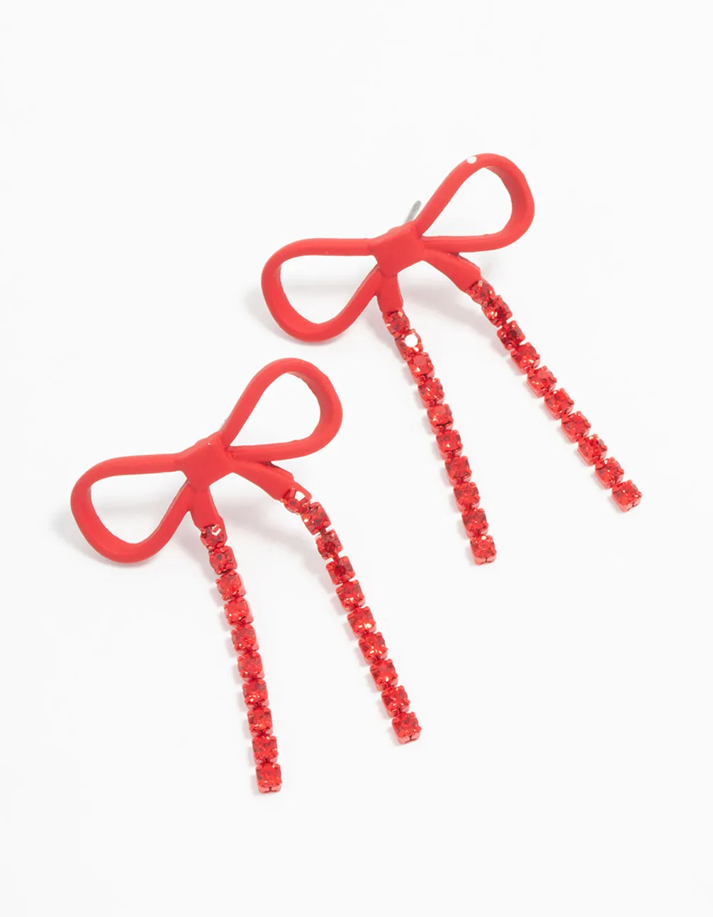 Red Coated Metal Bow Diamante Drop Earrings sold by lovisa