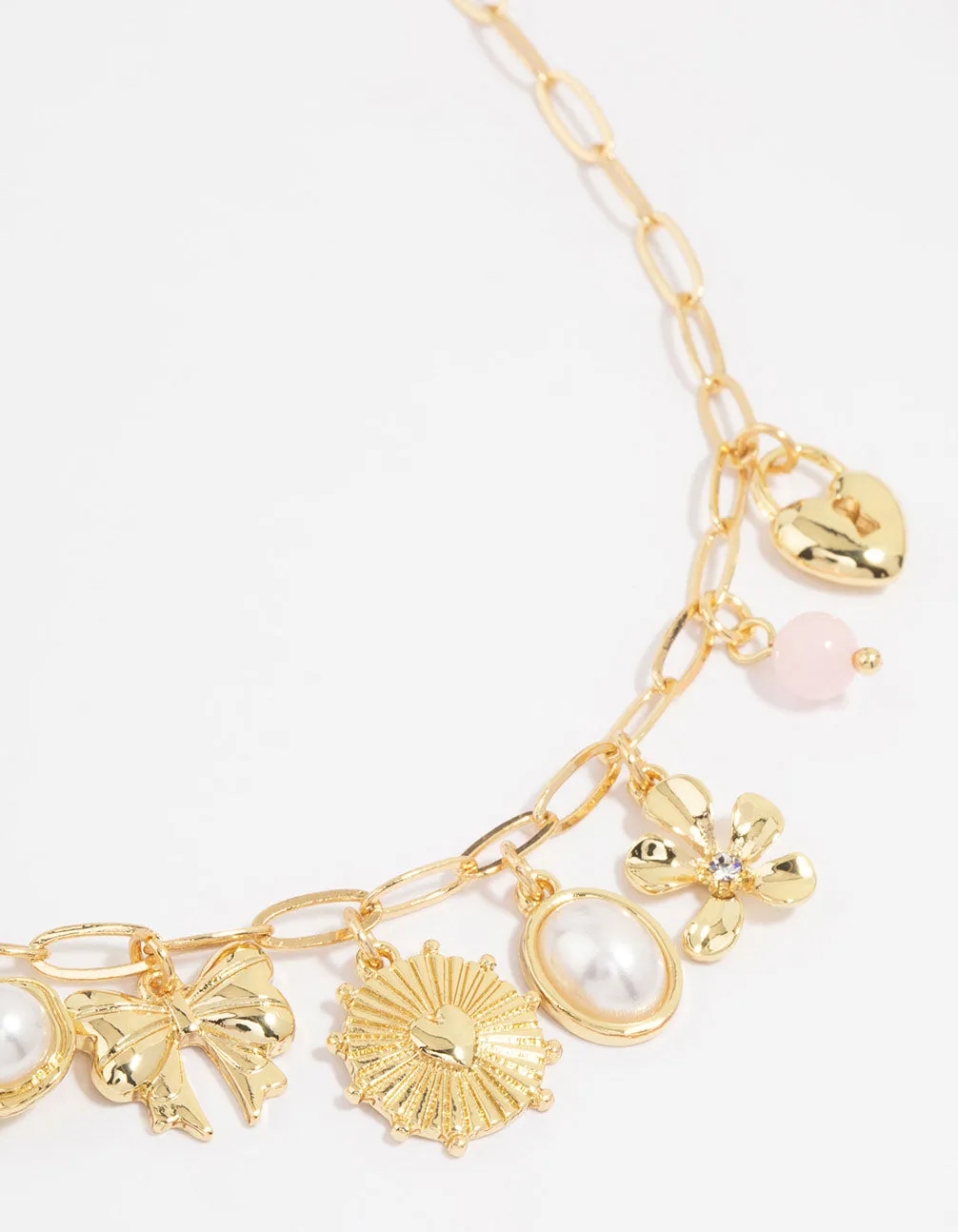 Gold Plated Pink Bead & Pearl Charm Necklace sold by lovisa