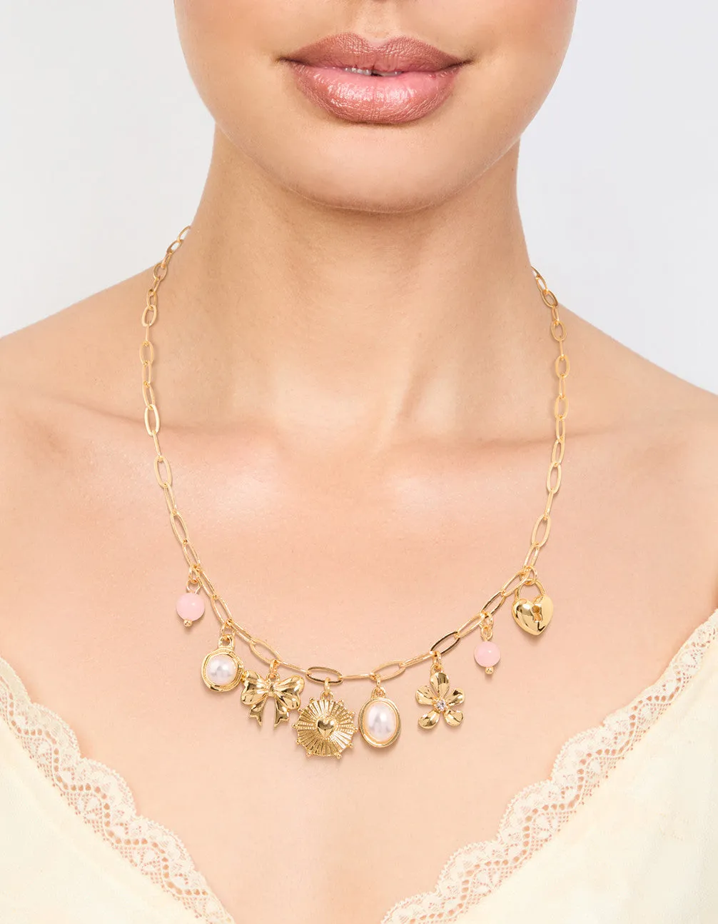Gold Plated Pink Bead & Pearl Charm Necklace sold by lovisa product image thumbnail 2
