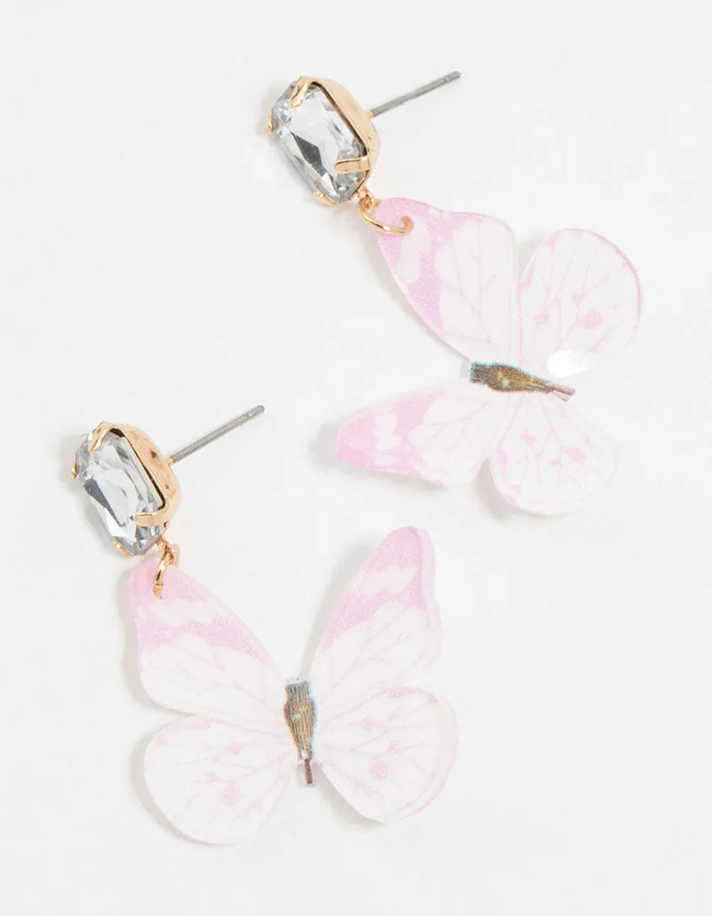 Gold Pink Butterfly & Diamante Drop Earrings sold by lovisa