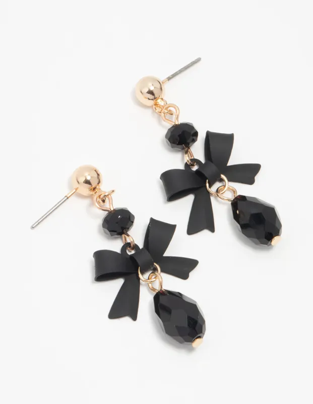 Gold Black Diamante Bow Drop Earrings sold by lovisa