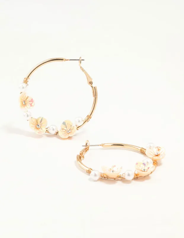 Gold Pearl & Flower Hoop Earrings sold by lovisa