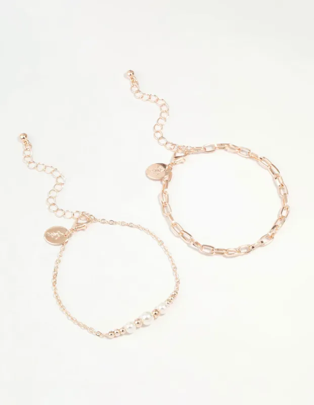 Rose Gold Chain Link & Pearl 2-Pack Bracelet sold by lovisa